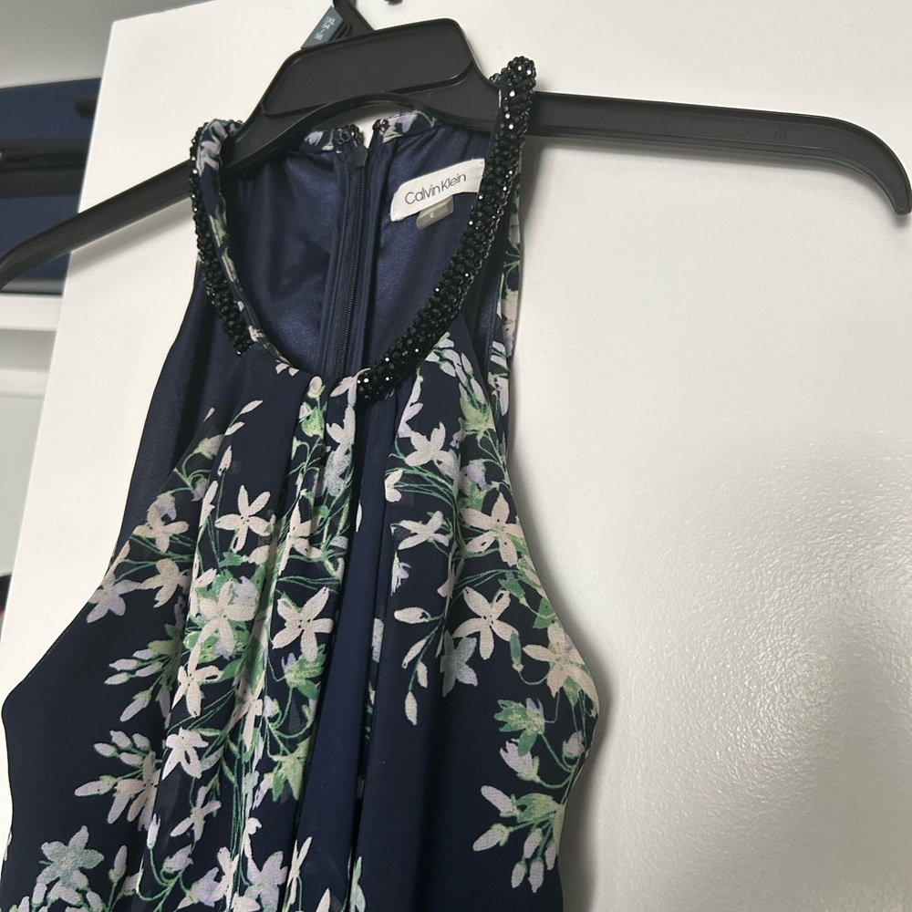 Calvin Klein Navy Floral Beaded Halter Dress